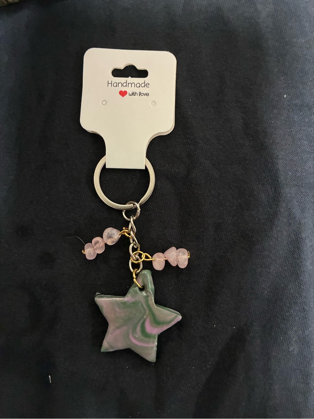 Pink & Green Star Keychain - polymer clay and rose quartz
